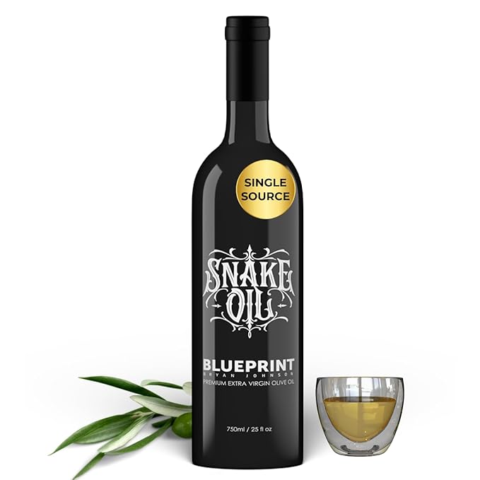 Blueprint by Bryan Johnson Olive Oil ??Snake Oil- High Polyphenol Extra Virgin Olive Oil (400+ mg/kg) ??Cold Pressed, Early Harvest, First Cold Press EVOO ??Keto, Paleo, Non-GMO ??750ml Glass Bottle
