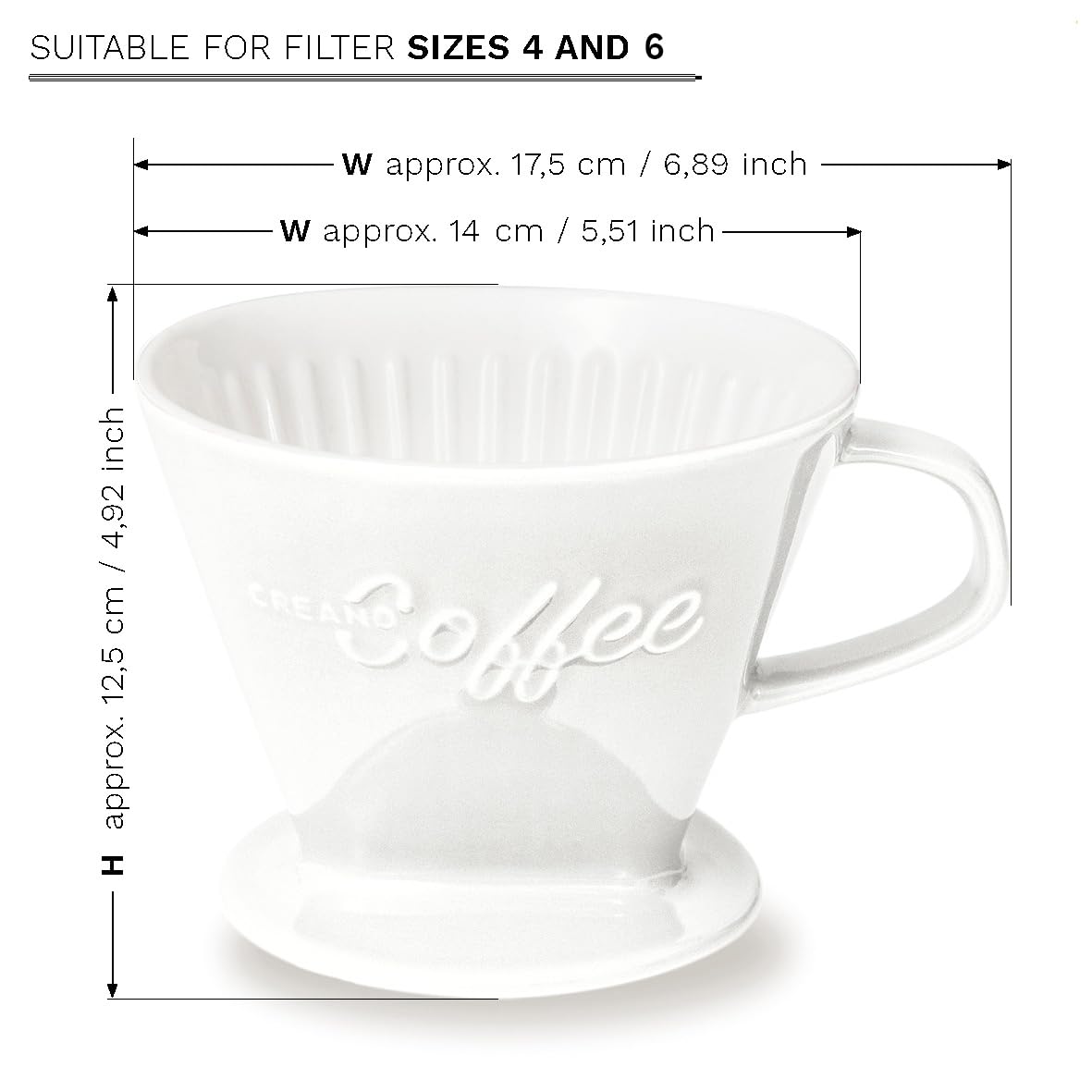 Creano XXL Porcelain Coffee Dripper White - Ceramic Cone Brewer - Pour Over Coffee Maker - Filter