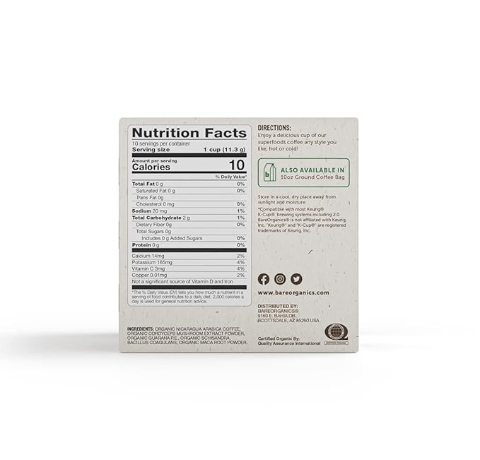 Bare Organics 14198 ENERGIZING USDA Organic Coffee Infused with Superfoods & Probiotics, Compatible Pods, Vegan, Gluten Free, 10ct (Pack of 6)