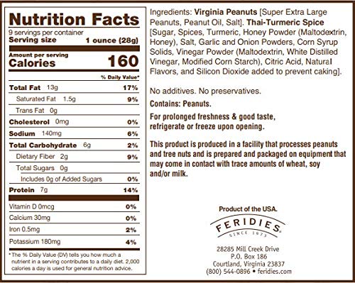 FERIDIES Virginia Peanuts, Thai Turmeric Chili Flavor, 9 Oz, All Natural, Non GMO, Kosher Certified Gourmet Peanuts