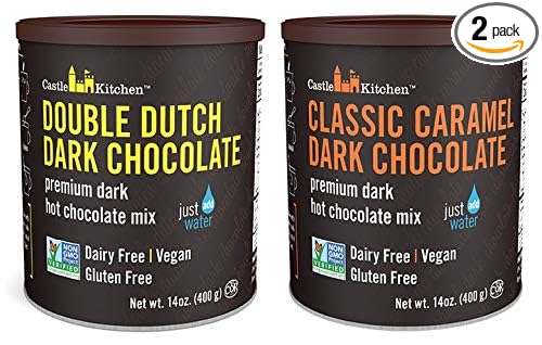 Castle Kitchen Natural Hot Chocolate Mix Variety Pack - Dairy-Free, Vegan Complete Mixes - Just Add Water - Pack of 2 (Classic Caramel Dark Chocolate & Double Dutch Dark Chocolate) 14 oz Each