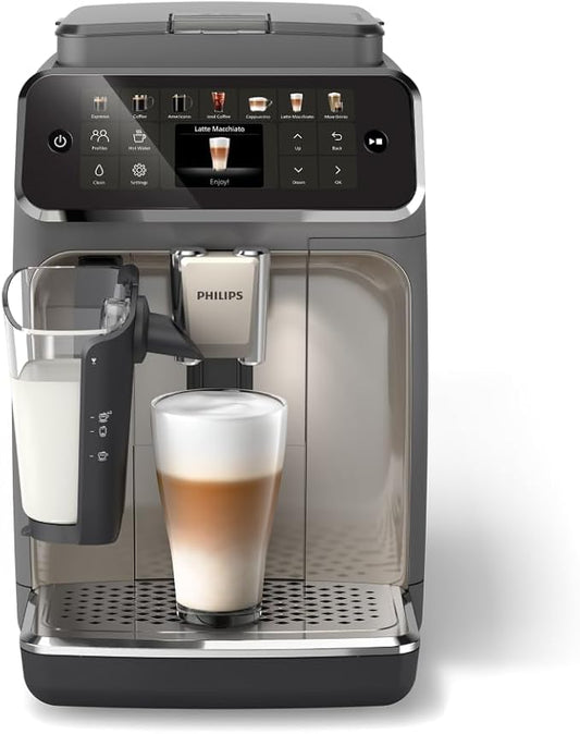 PHILIPS 4400 Series Fully Automatic Espresso Machine ??12 Hot & Iced Coffees, Quick-to-Clean LatteGo Milk System, SilentBrew, QuickStart, Ceramic Grinder, Cashmere Grey (EP4444/90)