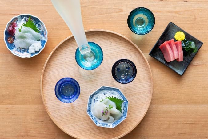 ADERIA Tsugaru Vidro Sake Glasses and Glass Sake Carafe Set [4 Shades of Tsugaru Blue]: 1 Sake Carafe and 4 Sake Cups in Gift Box (Handmade in Japan)