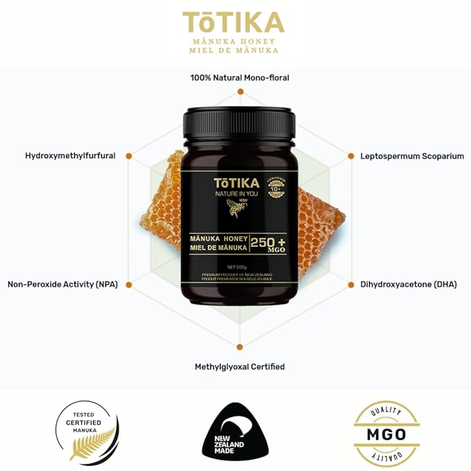 Tōtika Nature Mānuka Honey, 100% Pure Raw New Zealand Honey for Enhanced Well-Being and Digestive Health Benefits MGO 250+