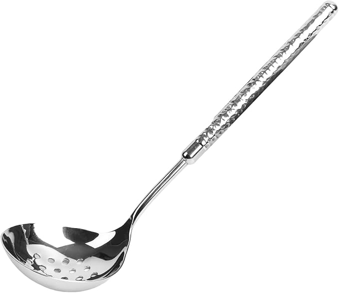 18/8 Stainless Steel Slotted Serving Spoon, 9.4" Metal Kitchen Strainer Spoon for Hot Pot, Pasta, Vegetables, Dishwasher Safe, Hammered Design with Round Handle