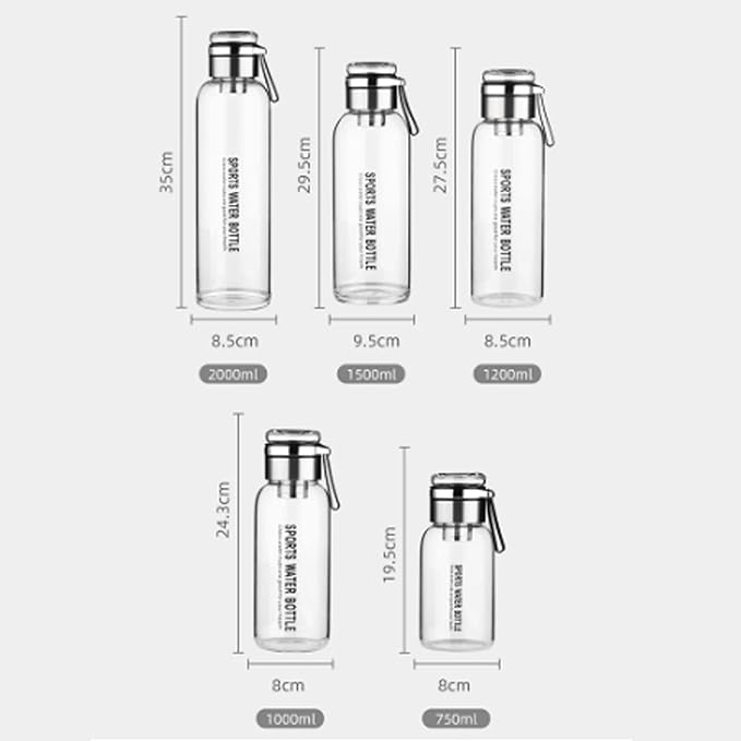 2L Glass Water Bottle with Strap Outdoor Travel Sports Portable Leak Proof Beverage Tea Glass Bottle (Glass,2000ml)