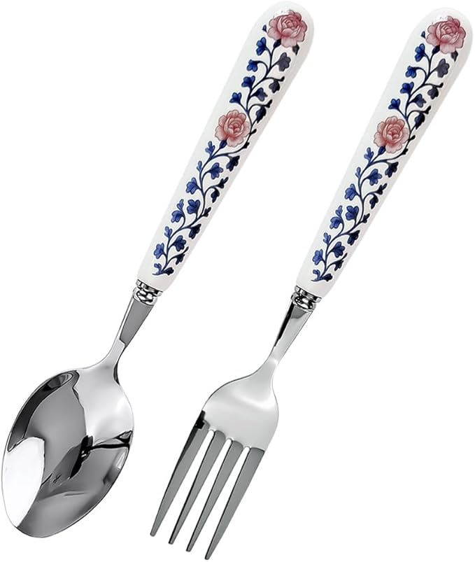 20cm 8inch Dinner Fork Soup Spoon 18-10 Stainless Steel Mirror Smooth Polished Ceramic Handle,Peony Pastoral Whisper Style Table Forks, SUS304 Steak Fork (1 PCS Fork+1 PCS Spoon Peony)