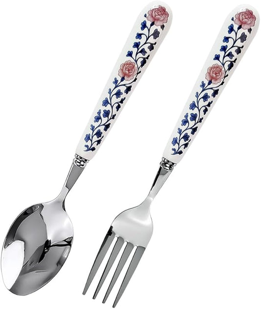20cm 8inch Dinner Fork Soup Spoon 18-10 Stainless Steel Mirror Smooth Polished Ceramic Handle,Peony Pastoral Whisper Style Table Forks, SUS304 Steak Fork (1 PCS Fork+1 PCS Spoon Peony)