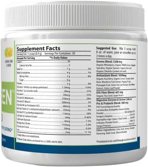 PURE Greens Superfood Raw Organic Drink Mix, Lemon Lime Flavor, Spirulina, Chlorella, 30 Servings, 8.9g per Serving, 1-Month Supply Premium Wellness Supplement