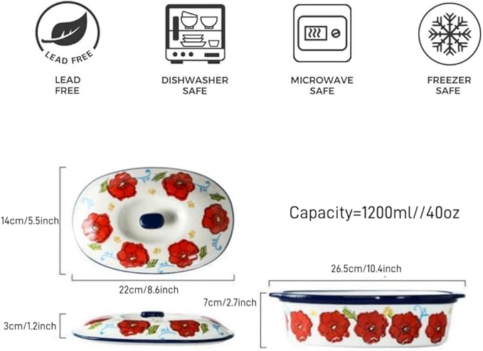 Floral Ceramic Casserole Dish with Lid,44oz Covered Rectangular Baking Dish,Deep Casserole Cookware Bakeware,Oven Safe and Dishwash Safe