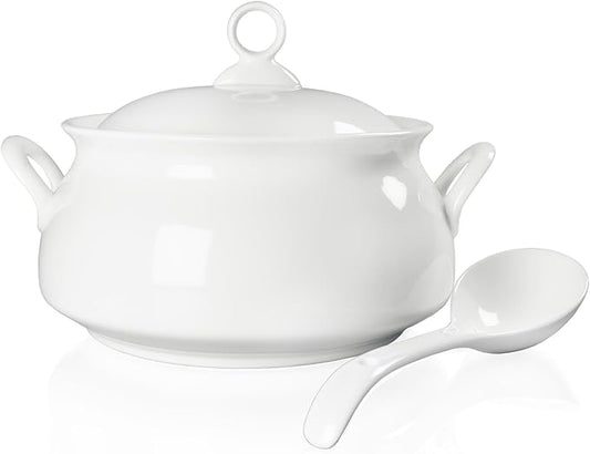 Ceramic Serving Soup Tureen Bowls with Lid and soup spoon, 2.4 QT White French Serving Tureen, Lovely Soup Pot for Casserole dish Salad Pasta Noodles Stew, Microwave Dishwasher Safe