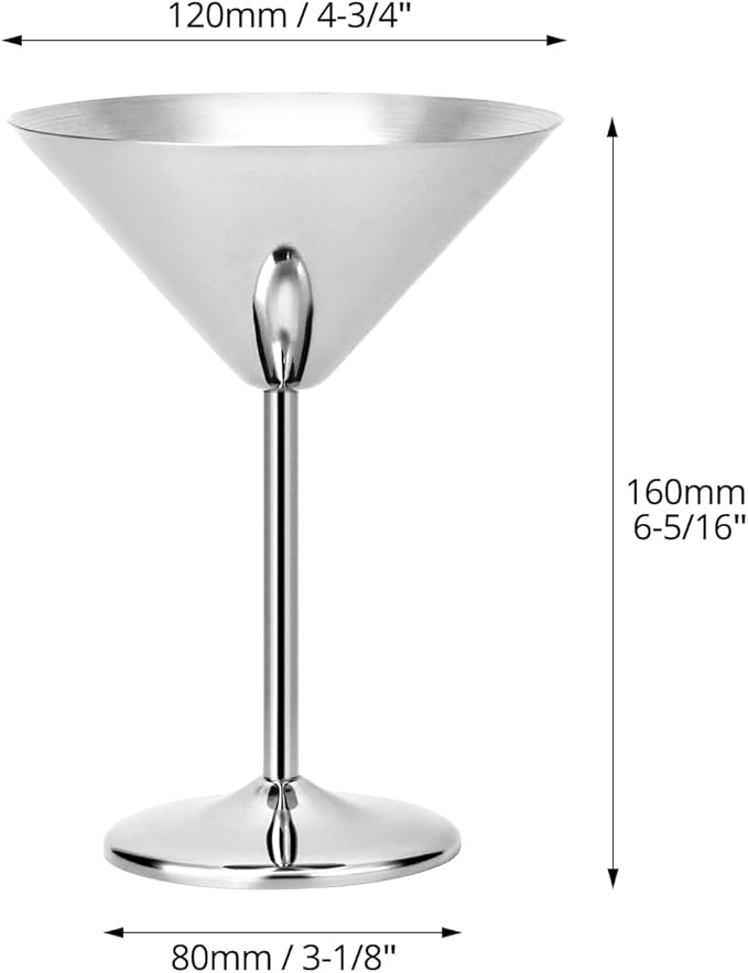 QWORK 304 Stainless Steel Martini Glasses - 8oz Unbreakable, 6 Pack Shatterproof Cocktail Goblets - 18/8 Mirror Finish - Ideal for Whiskey, Margarita, Manhattan & More - Dishwasher Safe