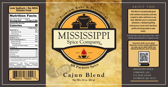 Mississippi Spice Company Premium Rubs and Seasonings, Cajun Blend, All Purpose Spicy Seasoning, 10 oz