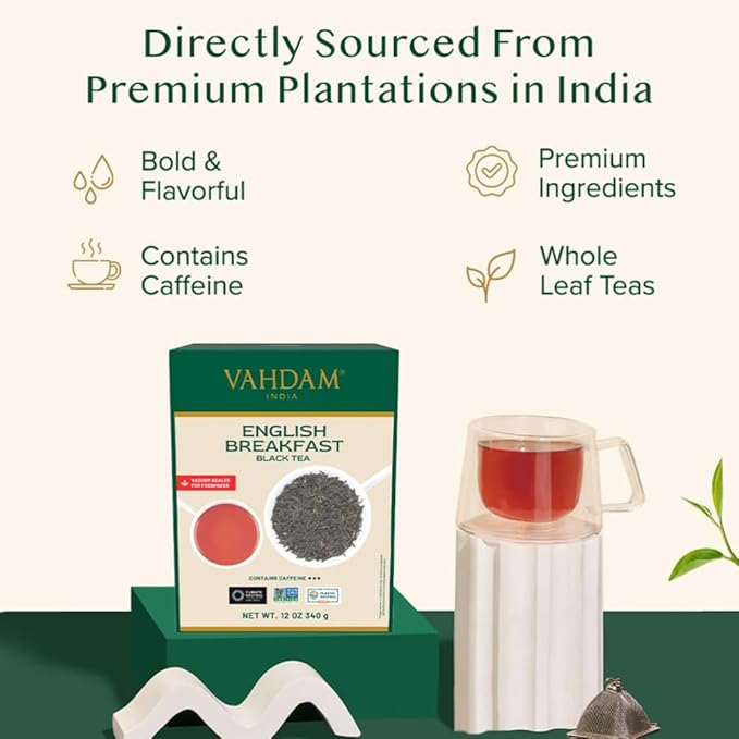 VAHDAM Original English Breakfast Tea (340g/12oz) 170+ Cups | Non GMO, Gluten Free | Strong & Aromatic Loose Leaf | Unblended Single Origin | Vacuum Sealed Pack