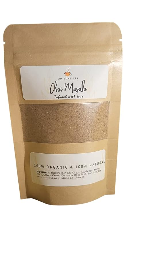 Organic Chai Masala 2 Oz, 57gm, Tea Spices, Indian Chai Masala, DipSomeTea, 100% Natural Pure Ingredients, Cardamom, Ginger, Pepper, Ceylon Cinnamon, Nutmeg, Mace, Cloves, Tulsi, Star Anise, Mulethi, Root Pipali, Bay Leaf, Cassia Leaves