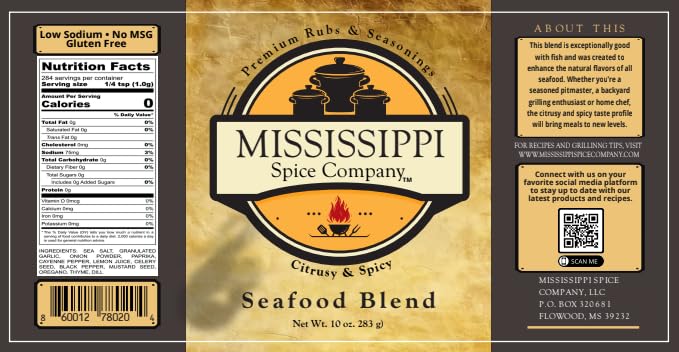 Mississippi Spice Company Premium Rubs & Seasonings, Seafood Blend, Citrusy & Spicy,10 oz