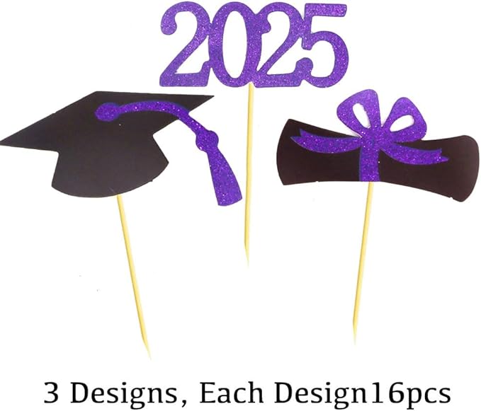2025 Graduation Cupcake Toppers, 48 PCS Food/Appetizer Picks For Graduation Party Mini Cake Decorations, Diploma, 2025, Grad Cap Set 48 Pieces (05 Purple)