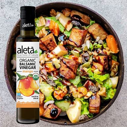 Aleta Farms Balsamic Vinegar, Mango Infused Organic Balsamic Vinegar, Aged, Flavored, USDA Organic, Glass Bottle, Product of Greece, 8.45 oz (Mango)