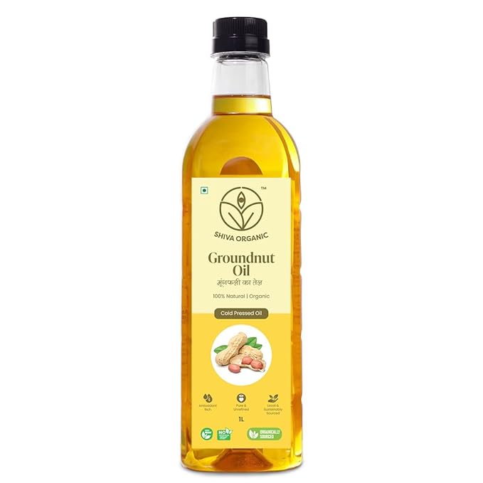 Shiva Organic Cold-Pressed Groundnut Oil - 100% Natural, Certified Organic - 1L (33.8 fl oz) for Cooking, Frying, and Healthy Living