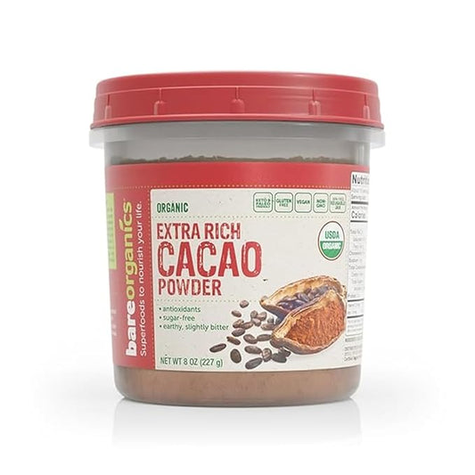 BareOrganics Cacao Powder | Healthy Chocolate | Organic, Gluten-Free, Vegan, Non-GMO, BPA-Free, 8oz