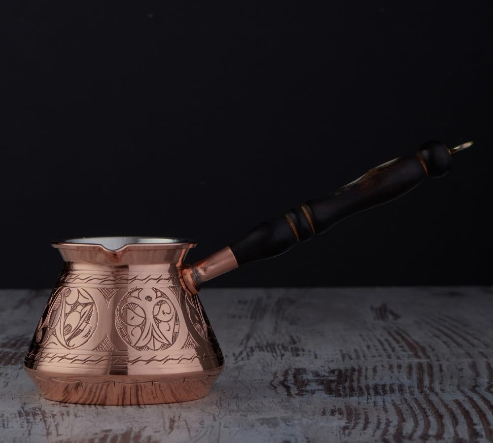 DEMMEX Copper Turkish Coffee Pot Cezve Ibrik Greek Coffee Briki Stovetop Coffee Maker with Wooden
