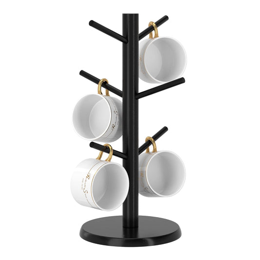 Coffee Mug Holder with 6 Hooks, Bamboo Mug Tree Stand for Countertop, Black