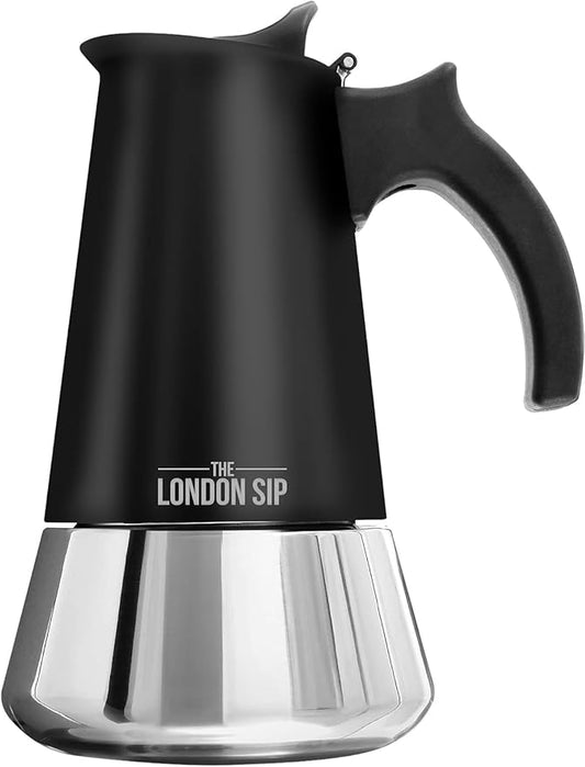 London Sip Stainless Steel Stovetop Espresso Maker Moka Pot Italian Coffee Percolator, Matte Black, Medium (10.14 oz)