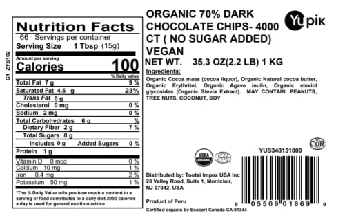 Yupik Organic Dark Chocolate Chips, 70% Cacao, 2.2 lb (35.2 oz), No Sugar Added, Gluten-Free, GMO-Free, Kosher, Vegan, Dairy-Free, Small Size, Rich Dark Chocolate, Melts Smoothly, Ideal for Baking