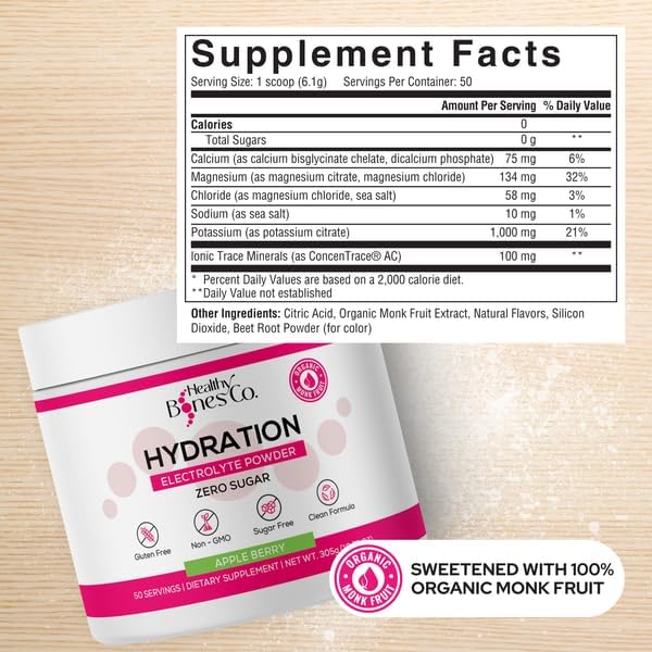 Sugar-Free Electrolyte Powder Drink Mix Fast Hydration Naturally Sweetened with Organic Monk Fruit, Apple Berry Flavor (305g) with Key Electrolytes and Trace Minerals ?“Keto Friendly, Vegan