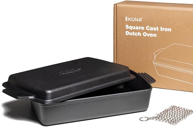 Kuha 2-in-1 Square Cast Iron Dutch Oven, 6 QT ??Skillet Lid & Casserole Dish, Pre-Seasoned 13?? Baking/Roasting Pan, Oven-Grill-Campfire Safe, Comes with Chainmail Scrubber