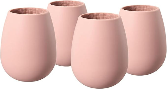 Unbreakable Silicone Stemless Wine Glassware | Set of 4 | Reusable & Shatterproof Tumbler Drinkware for Wine, Water, Cocktails, Champagne Glass for Birthday, Parties, Beaches - (Pink)