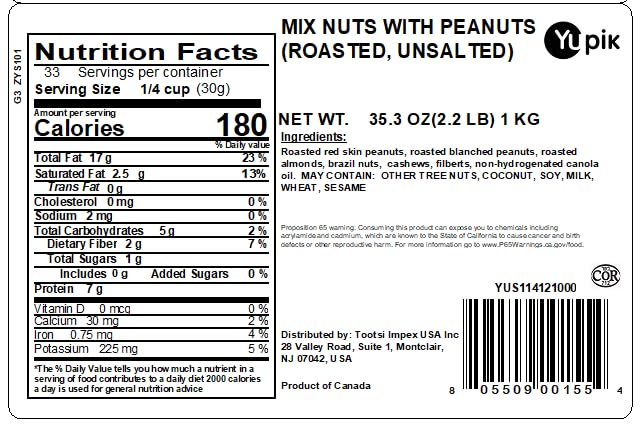 Yupik Mixed Nuts, 2.2 lb (35.2 oz), A Blend of Roasted Peanuts, Almonds, Brazil Nuts, Cashews & Hazelnuts, Non-GMO Canola Oil, Cholesterol Free, Vegan, Perfect for Snacking, Baking & Nutrition Bars