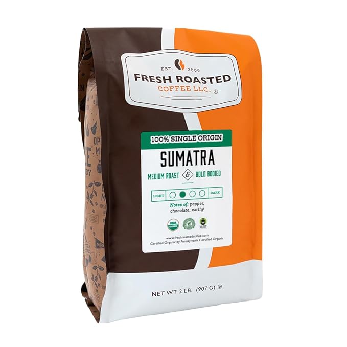 Fresh Roasted Coffee, Organic Sumatra | 100% Single Origin, USDA Organic, Kosher | Medium Roast 2 lb (32 oz) Whole Bean