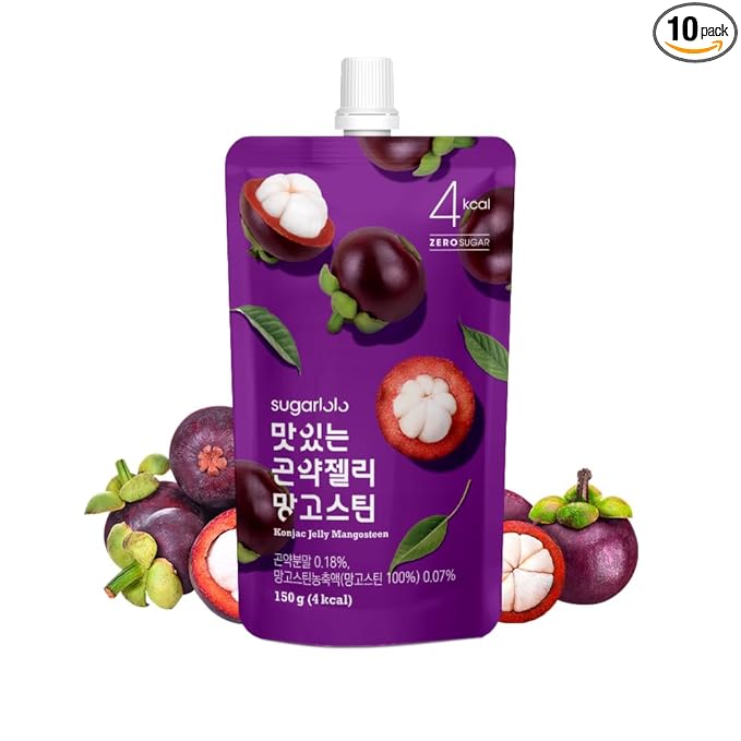 Sugarlolo Konjac Sweet Mangosteen Jelly Snack - Vegan Jello with Zero Sugar | Only 4 Calories per Pouch | Low Calorie Korean Snacks | 5.29 Oz (150g) | 10 Pack