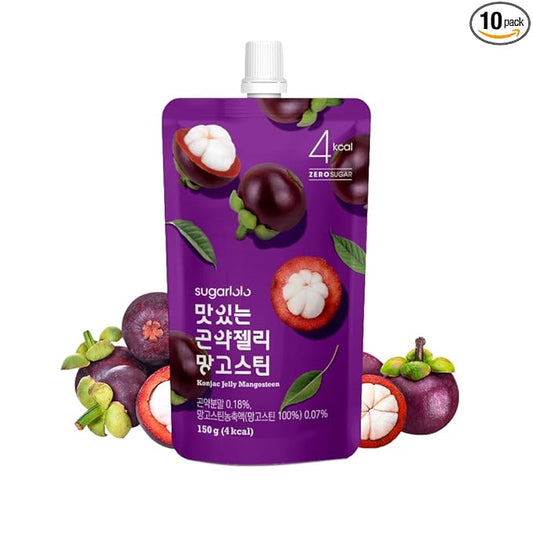 Sugarlolo Konjac Sweet Mangosteen Jelly Snack - Vegan Jello with Zero Sugar | Only 4 Calories per Pouch | Low Calorie Korean Snacks | 5.29 Oz (150g) | 10 Pack