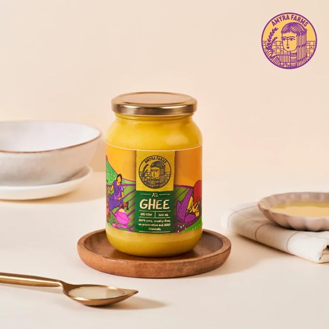 Amyra Farms Organic A2 Ghee - 1 Pound | Grass-Fed Gir Cow Ghee, Handcrafted Bilona, Pure & Nutrient-Rich | Traditional, Natural, Healthy | Keto, Lactose and Casein Free | Clarified Butter (16 Ounces)