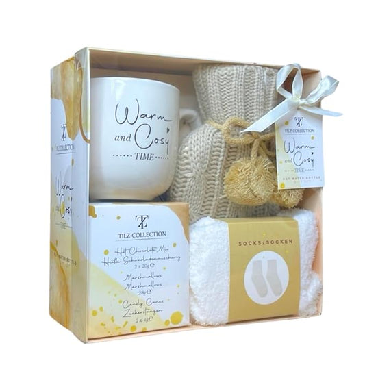 Women Gift Set -Hot Water Bottle, Hot Chocolate Mix, Mini Marshmallows, Mug, Socks, Crushed Candy |Mini Winter Hot Water Bottle With Cover|Cosy Gifts |Women Gifts |Hot Chocolate Gift Sets
