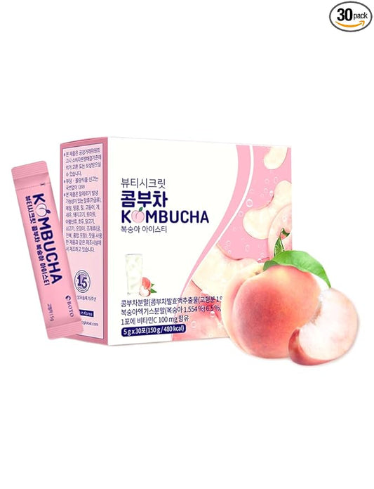 Korean Kombucha Peach Iced Tea Powder – 5g x 30 Sticks | Zero Sugar, Low Calorie, Sparkling Black Tea & Peach Flavor