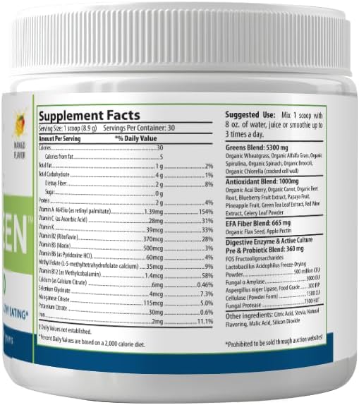 PURE Greens Superfood Raw Organic Drink Mix, Mango Flavor, Spirulina, Chlorella, 30 Servings, 8.9g per Serving, 1-Month Supply Premium Wellness Supplement