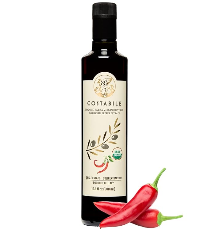Chilli oil. Spicy Extra Virgin Olive Oil from Puglia, Italy, Infused with Organic Hot Red Peppers. Perfect as Spicy Vegan Chili Dressing - COSTABILE 16.9 Fl. Oz.