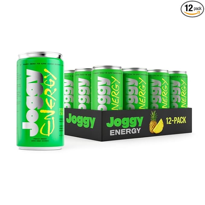 Joggy Clean Energy Drink | Pineapple Crush (12pk) | Organic Pre Workout Beverage with 150mg Guayusa Caffeine & No Added Sugar | Plant-Based, Gluten Free, Non-GMO, Vegan, Non-Jittery Focus Drink