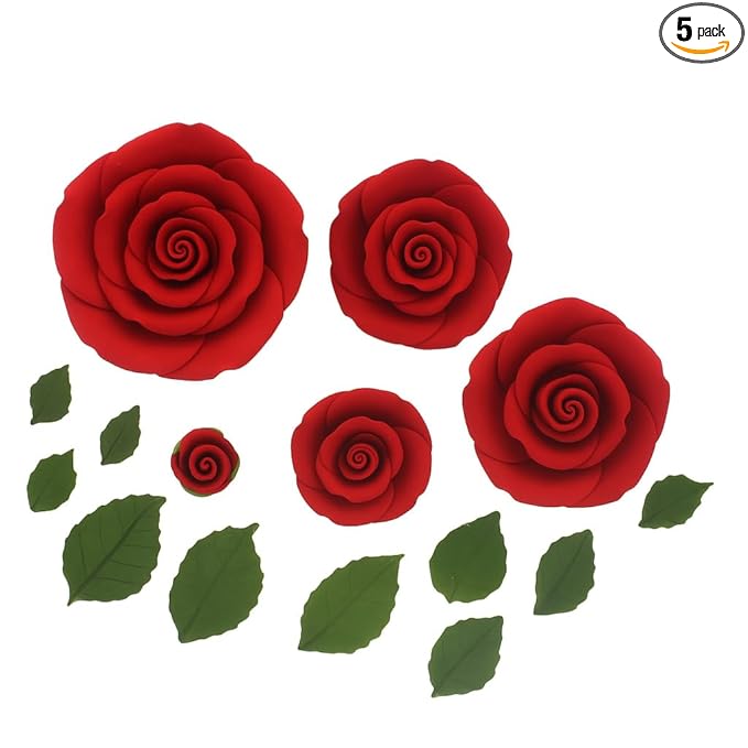 Global Sugar Art Edible Exquisite Rose & Leaf Tray Sugar Cake Flowers, Red Unwired, 5 Count by Chef Alan Tetreault