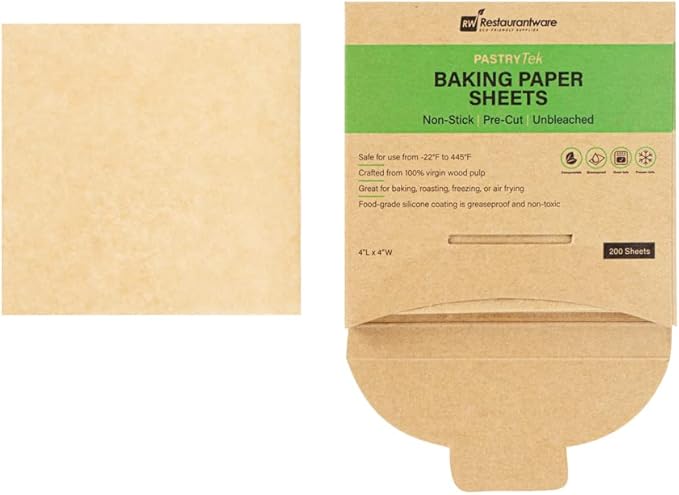 Restaurantware Pastry Tek 4 x 4 Inch Parchment Paper Sheets 200 Greaseproof Baking Sheets For Oven - Pre-cut Double-Sided Silicone Coating Unbleached Paper Nonstick Baking Sheets Reusable