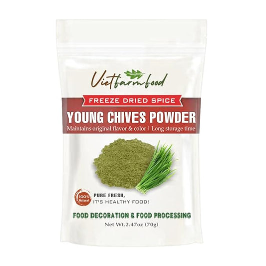 YOUNG CHIVES POWDER 2.47 Oz (70g) VIETFARMFOOD: Pure, natural freeze-dried spice made from real vegetables and fruits - perfect for enhancing every meal, from cooking, baking, salads, soups, sauces