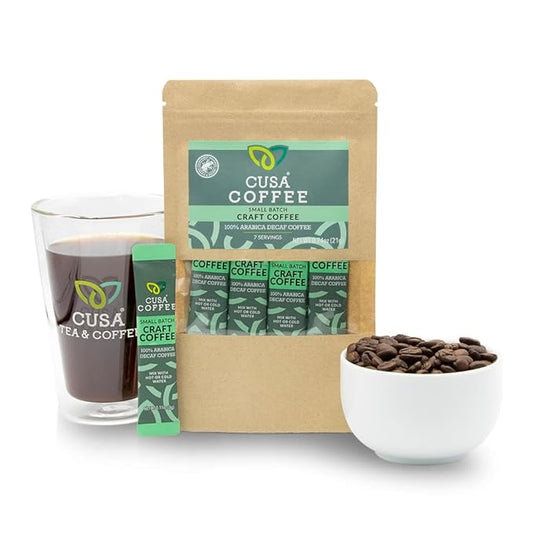 Cusa Tea & Coffee | Premium Instant 100% Arabica Decaf | Rainforest Alliance Certified Arabica Beans | Hot or Cold Brew Drink Mix Packets (7 Single Servings)