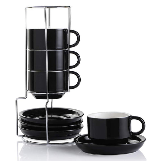 Sweejar Ceramic Espresso Cups with Saucers, 4 Ounce Stackable Cappuccino Cups with Metal Stand for