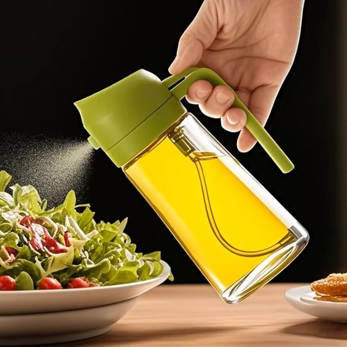Oil Sprayer for Cooking 2 in 1, 470ml/16oz, Oil Spray & Dispenser Glass Bottle, Food-grade material for Kitchen, Salad Dressing, Frying, Air Fryer & BBQ (Green)