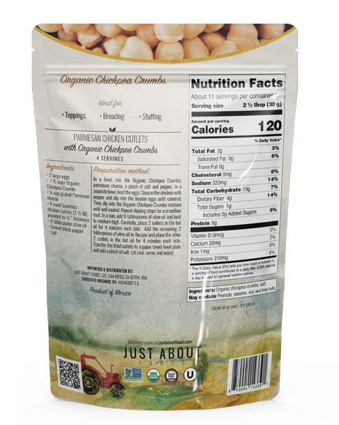 Organic Chickpea Bread Crumbs | Organic & Gluten Free | Breading Substitute | Paleo | 12 Oz (Pack of 1) | Just About Foods
