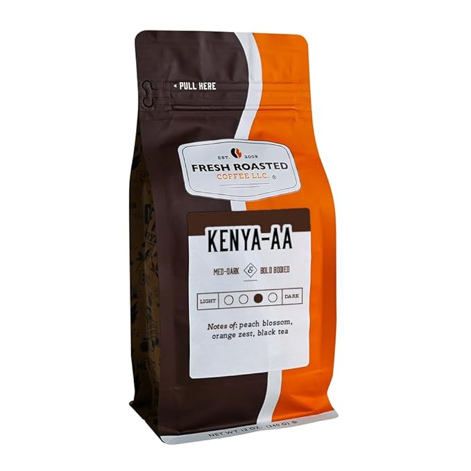 Fresh Roasted Coffee, Kenya AA, 12 oz, Med-Dark Roast, Kosher, Whole Bean