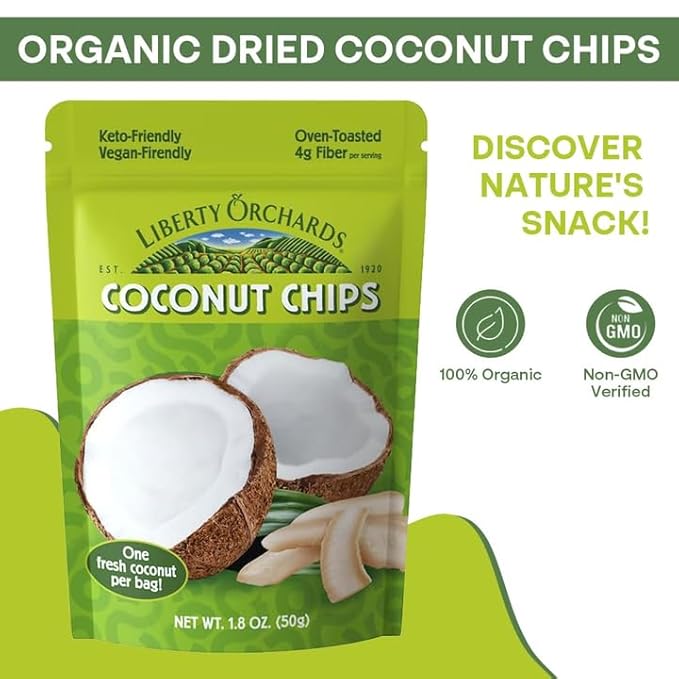 Liberty Orchard Organic Dried Coconut - Oven Toasted Coconut Chips for Healthy Digestion & Preservatives - Delicious Healthy Snack Ideal for Vegan and Keto Diets - One Fresh Coconut per 1.8oz Bag